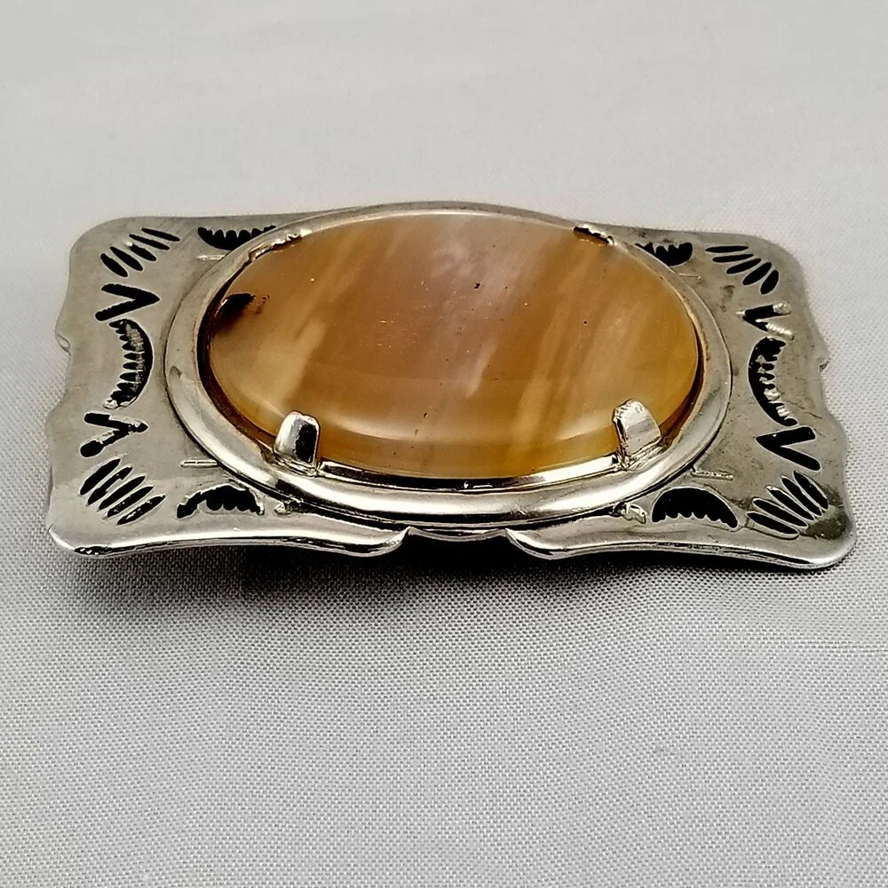 Silver Belt Buckle with Brown Agate Stone